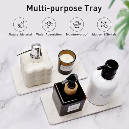 2 Water Absorbing Stone Drying Trays for Bathroom Sink Kitchen Soap Counter | Soap Dish Dispenser Sponge Holder White Ceramic Bathroom Vanity Quick Dry Stone Mat for Kitchen Sink Marble Diatomite Tray