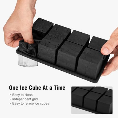 Large Ice Cube Tray: 2024 Upgraded Silicone Square Ice Cube Mold For Whiskey, New Upgraded 2 Inch Large Cubed Ice Trays for Cocktail, Big Cube Ice Maker Mold (2 Pack, Black)