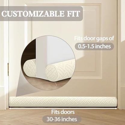 Under Door Draft Stopper, Door Stoppers for Bottom of Door, 30"-36" | Velvet under door gap filler, white beige, blocker cold air, light, smoke and noise, easy slide-on install