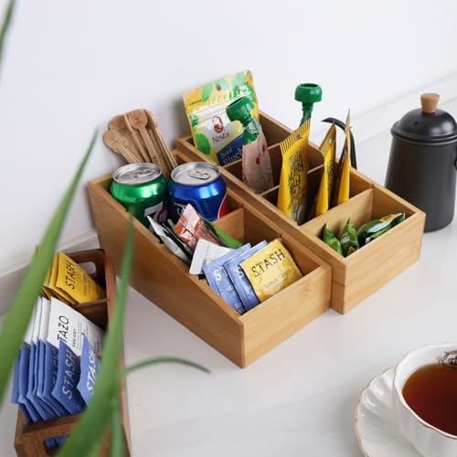 HTB 4-Section Snack Organizer with Removable Dividers for Kitchen 2 Pack | Bamboo Pantry Storage Organization for Spice Packets, Seasoning Pouches, Coffee Pods,Food,Drawer Countertop,Easy Access
