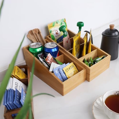 HTB 4-Section Snack Organizer with Removable Dividers for Kitchen 2 Pack | Bamboo Pantry Storage Organization for Spice Packets, Seasoning Pouches, Coffee Pods,Food,Drawer Countertop,Easy Access