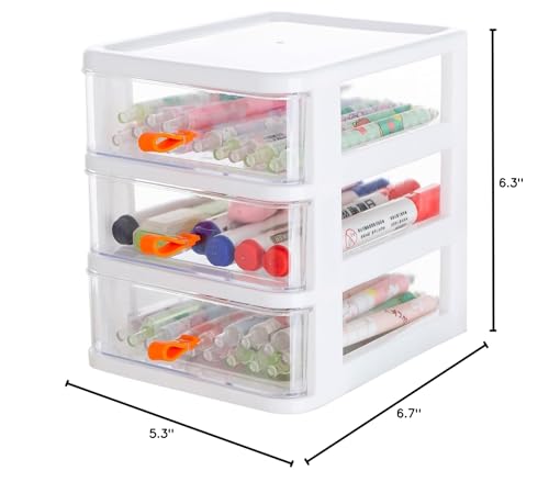 Gagee 3 Drawer Mini Desktop Unit, Clear/White Frame | Plastic Dressers with Drawers, For Arts and Crafts, Small Tools Storage, Sewing Accessories, Stationary and Hardware