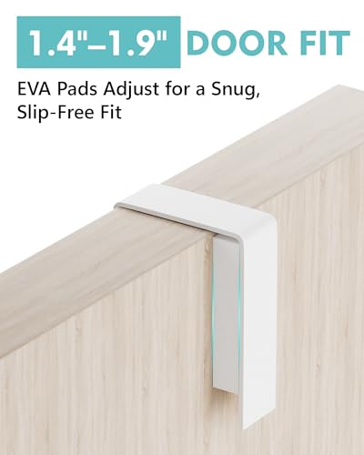 Mop and Broom Holder Wall Mount, No Drill Over the Door, White | 4 Slots & 4 Hooks, No Drill Setup, Wood and Metal Build, EVA Protection Pads, Secure Grip, Laundry Garage Closet Kitchen Use
