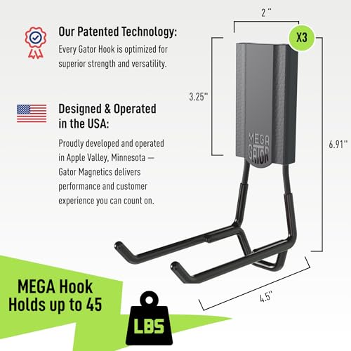 GATOR MAGNETICS MEGA 4.5 in Open Hooks, 45 lb Magnetic Hooks – 3 Pack | Patented Easy-Release, Non-Slip Grip. Works on steel cabinets, doors, garage, toolboxes, pole barns, utility vans & more.