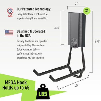 GATOR MAGNETICS MEGA 4.5 in Open Hooks, 45 lb Magnetic Hooks – 3 Pack | Patented Easy-Release, Non-Slip Grip. Works on steel cabinets, doors, garage, toolboxes, pole barns, utility vans & more.
