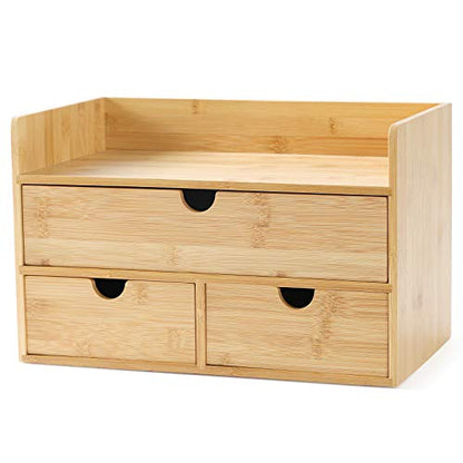 Bamboo Desk Organizer with Drawers, 3-Drawer Desktop Storage Box | 3 Drawers Open Top Tray Fully Assembled Stores Pens, Notes, Makeup, Jewelry & Toiletries for Office, Vanity & Bath