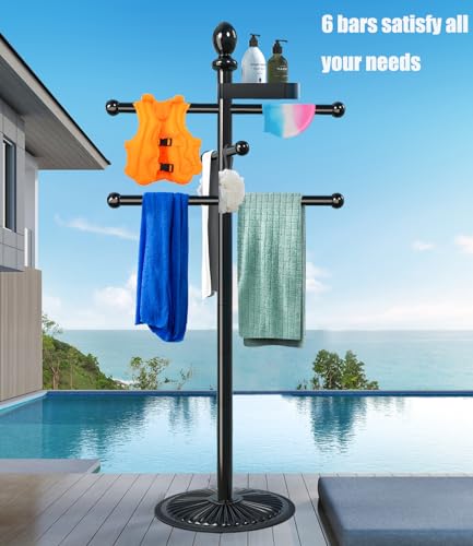 Pool Outdoor Towel Rack, 6 Bars with Top Tray Metal Heavy Duty Pool Accessories with Heavy Metal Base, Hot Tub Accessories Towel Dying Rack Towel Stand for Pool, Hot Tub etc