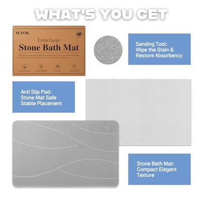 32"x20" Stone Bath Mat, Diatomaceous Earth Shower Mat, Non-Slip Super Absorbent Quick Drying Bathroom Floor Mat, Natural, Easy to Clean (Cloudy Gray)