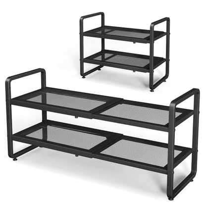 Expandable Metal Shoe Rack for Closet, Entryway & Garage, 2-Tier, Black | Adjustable Height for Boots, Stackable Design, Dense Mesh Shelves for Heels, Fits Small Spaces, Apartments and Rentals