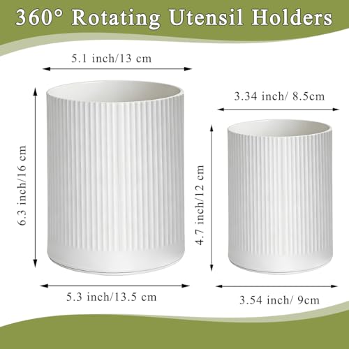 HOMQUEN 360° Rotating Utensil Holder, 6.3''+4.7'' Plastic Kitchen Utensil Holder for Countertop, Large Cooking Utensil Crocks for Kitchen Decor, Utensil Organizer for Spatula, Set of 2 (White)