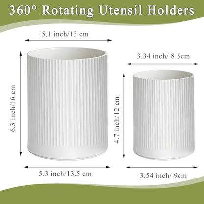HOMQUEN 360° Rotating Utensil Holder, 6.3''+4.7'' Plastic Kitchen Utensil Holder for Countertop, Large Cooking Utensil Crocks for Kitchen Decor, Utensil Organizer for Spatula, Set of 2 (White)