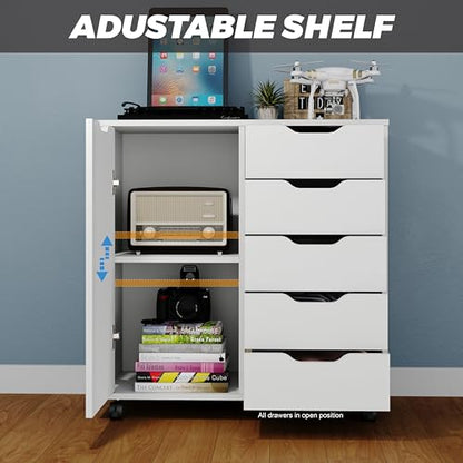Panana 5-Drawer Chest with 1 Door, Wooden Chest of Drawers Storage Dresser Cabinet with Wheels, Office Organization and Storage, Bedroom Furniture (White-S)
