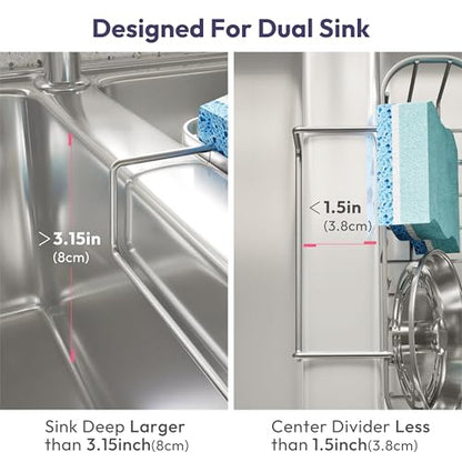 Sponge Holder for Kitchen Sink, Movable Kitchen Sink Caddy with Compact Size Rustproof and Waterproof Hanging Sponge Caddy for Double Bowl Sinks, Silver