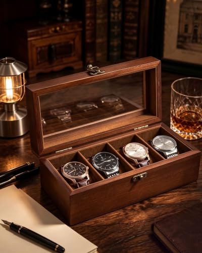 ProCase 4 Slot Wooden Watch Display Case With Glass Lid, Organizer | Elegant Wooden Watch Box With Glass Lid And Soft Lining For Men And Women, Ideal For Home Display And Birthday Gifts - Brown