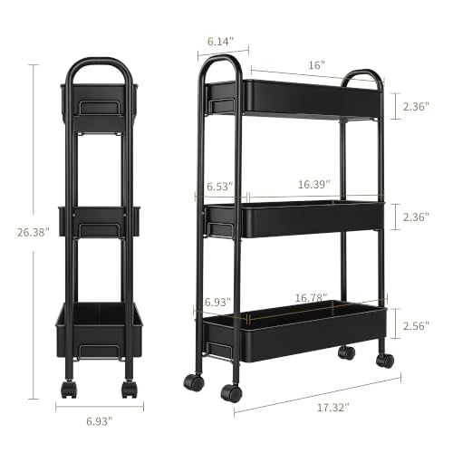 Slim Rolling Cart, Metal Frame Utility Rolling 3-Tier Narrow Storage Cart | Kitchen Storage Organizer, Mobile Shelving Unit for Bathroom Kitchen