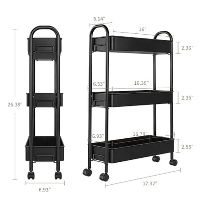 Slim Rolling Cart, Metal Frame Utility Rolling 3-Tier Narrow Storage Cart | Kitchen Storage Organizer, Mobile Shelving Unit for Bathroom Kitchen