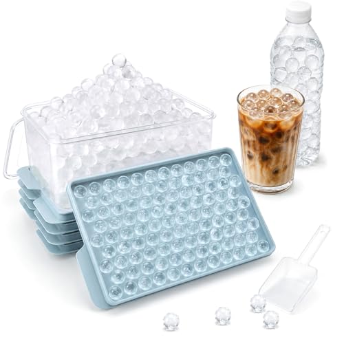 Mini Ice Cube Trays with Lid & Bin, Tiny Pebble Ice Balls for Coffee | Make 416 Mini Ice Balls with 4 Trays, Easy Release, Stackable, Scoop Included, for Iced Coffee, Drinks and Daily Use
