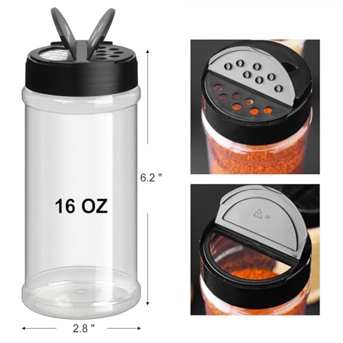 TUZAZO 16 Oz Large Spice Jars Plastic Seasoning Containers, 6 Pack | Heavy Duty Plastic Spice Bottles with Dual Shaker Lids, Refillable Empty Spice Containers for Salt, Herbs & Spices