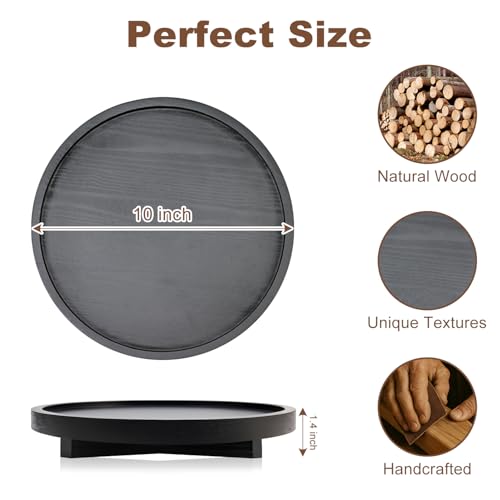 Black Round Decorative Wooden Tray for Bathroom Counter Table Trays Decor | Circle Wood Riser Kitchen Counter Soap Sink Vanity Trays Lazy Susan Candle Pedestal Stand Bandeja Decorativas Small Oil Tray