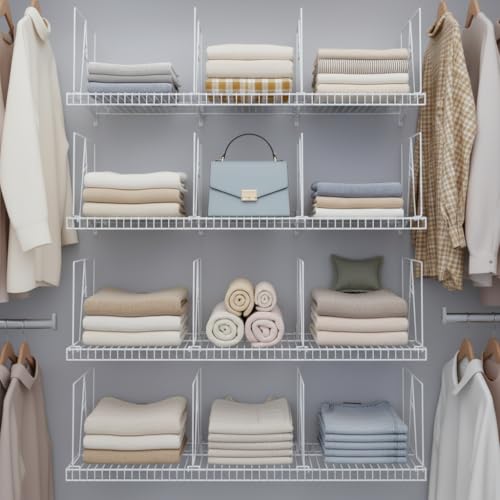 Wire Shelf Dividers, White, 12" Deep, 12" Height, 8 Pack | Closet Organization & Storage Organizer, No Tool Installation, Metal Shelf Accessories