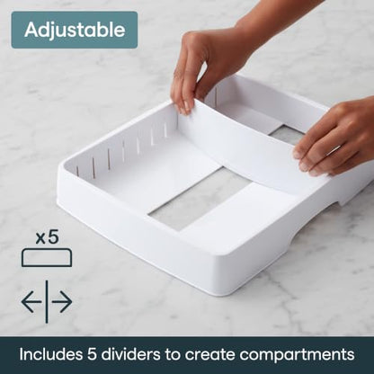 YouCopia StoraLid Food Container Lid Organizer for Kitchen Cabinet Storage with 5 Adjustable Dividers, 10.5''D × 13.4''W × 3.3''H, Large Classic Edition, White