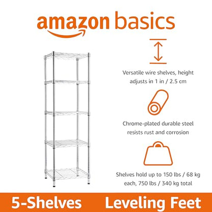 Amazon Basics 5-Shelf Tower Adjustable Storage Shelving Unit, Chrome, 16" x 16" x 54", 150 lbs Per Shelf | Tower