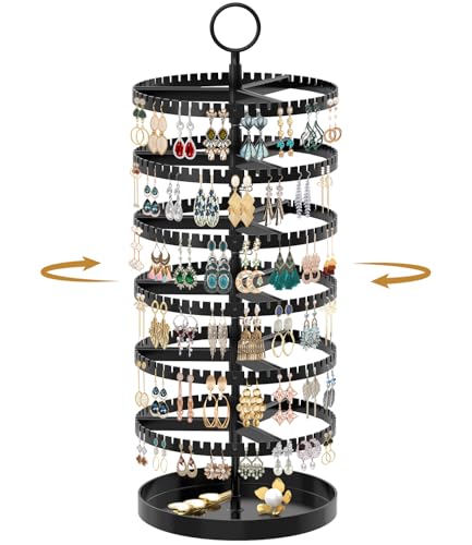 MODOWEY Rotating Earring Holder Organizer Tree Display Stand, 6 Tiers Black | 342 Slots Adjustable Plastic Hanger with Metal Tray for Stud Pierced Hoop, Large Capacity Storage Rack for Women Space-Saving