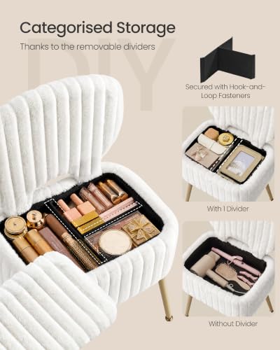 SONGMICS Small Vanity Chair with Storage and Folding Back, Vanity Stool, Footrest Footstool Ottoman, Dressing Table Stool, Furry Padded Seat, for Makeup Room, Bedroom, Cream White ULOM532WD01