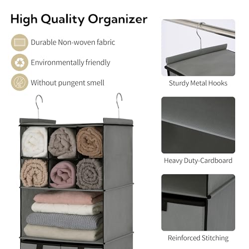 GRANNY SAYS Hanging Closet Organizer with Drawers, 4 Shelf Dividers Closet Hanging Organizer, Foldable Hanging Shelves for Wardrobe Closet, Small Closet Organizers for Clothes Shoes, Grey