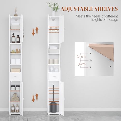 HEXCELEN Bathroom Storage Cabinet,Tall Narrow Bathroom Cabinet White | Narrow Tall, Freestanding Floor Cabinet, 2 Doors and 1 Drawer, Adjustable Shelf, 1 Hook