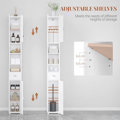 HEXCELEN Bathroom Storage Cabinet,Tall Narrow Bathroom Cabinet White | Narrow Tall, Freestanding Floor Cabinet, 2 Doors and 1 Drawer, Adjustable Shelf, 1 Hook