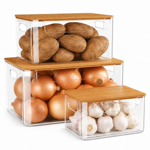 3 Pack Pantry Organizers and Storage Bins with Bamboo Lids,Trash Bag Holder | Stackable Containers for Potato,Onion,Fruit,Vegetable,Clear Dispenser for Kitchen Countertop,Cabinet and Under Sink