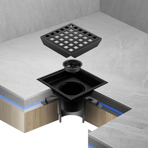 Shower Drain, Matte Black 4 inch Square Shower Floor Drain with Flange, Removeable Grid Panel SUS 304 Stainless Steel Square Shower Drain