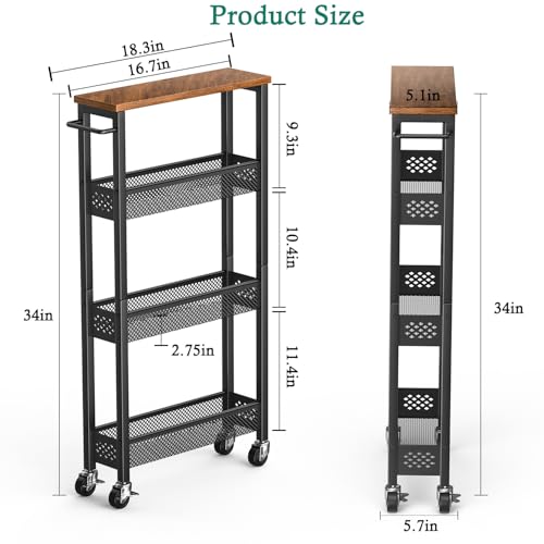 XYZLVSI Utility Slim Storage Cart on Wheels, 4 Tier Laundry Room Organizers | 5" W narrow shelf for small spaces, skinny rolling cart with wooden top and metal handle for kitchen/bathroom/Office/Dorm