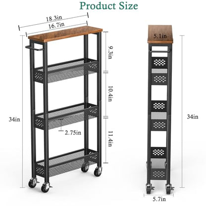 XYZLVSI Utility Slim Storage Cart on Wheels, 4 Tier Laundry Room Organizers | 5" W narrow shelf for small spaces, skinny rolling cart with wooden top and metal handle for kitchen/bathroom/Office/Dorm