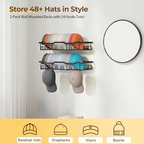 Hat Rack for Wall - 2 Pack Metal Hat Organizer for Baseball Caps - Heavy Duty Wall Mounted Baseball Cap Organizer and Hat Storage for Closet Wall or Bedroom - Holds 48 Caps,Black