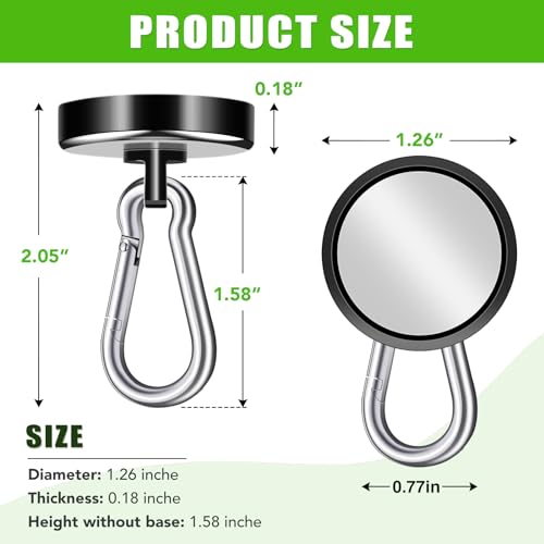 Carabiner Magnetic Hooks, 110LBS Strong Magnets, Black, 12 Pack | Magnetic Hooks Heavy Duty with Swivel Carabiner Hook, Great for Hanging for Cruise, Garage, Kitchen, Refrigerator, Locker