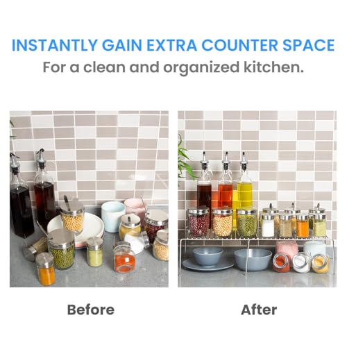 Tomorotec Expandable Kitchen Cabinet Organizer Stainless Steel Shelf Silver | Adjustable from 12.8 to 22.8 Inches Rustproof with Anti-Slip Feet for Pantry Bathroom Closet and Countertop Organization