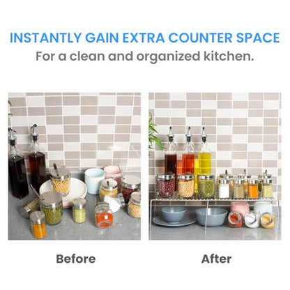 Tomorotec Expandable Kitchen Cabinet Organizer Stainless Steel Shelf Silver | Adjustable from 12.8 to 22.8 Inches Rustproof with Anti-Slip Feet for Pantry Bathroom Closet and Countertop Organization