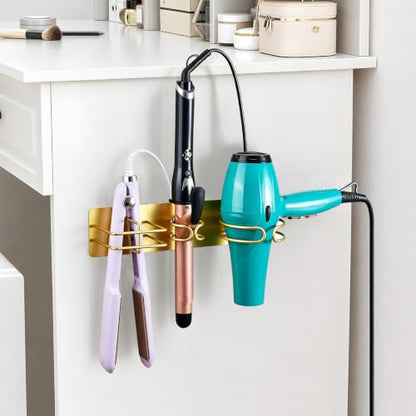 Blow Dryer Holder Wall Mounted Curling Iron Holder, 3 in 1 Hair Tool Organizer for Straightener, Curling Iron, Hair Dryer Holder Adhesive Flat Irons Storage for Bathroom Barber Shop (Gold)