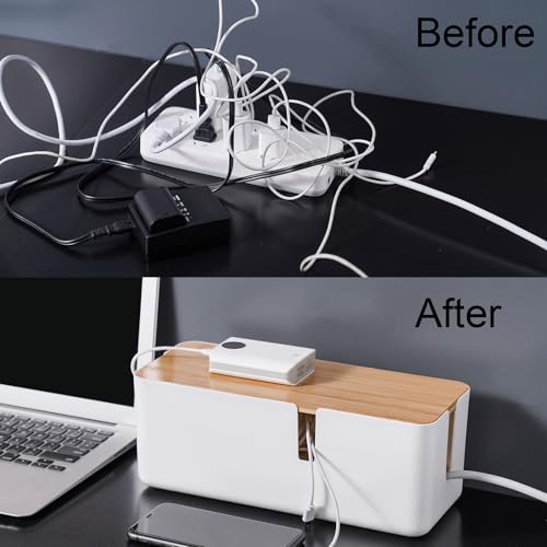 Changsuo Small Cable Management Box with Bamboo Lid for Extension Cord Power Stripe Surge Protector Wire Concealer Organizer Cover Hider (White)