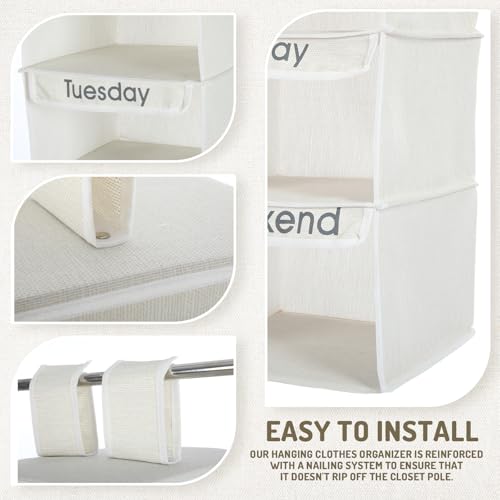 2 Pcs Heavy Duty 6 Shelf Weekly Hanging Closet Organizer for Kids Days of Week Clothing Organization Labeled Monday to Friday Clothes Divider for Weekday Weekend School Outfits