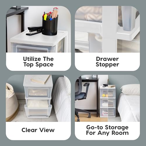 IRIS USA 3-Drawer Slim Narrow Storage Organizer, 2-Pack, White/Clear | Organize craft supplies, school essentials, beauty items, and small household accessories with compact drawer storage