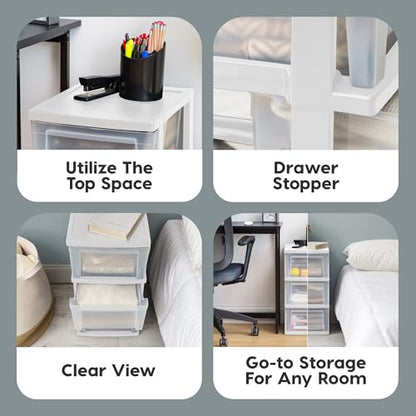 IRIS USA 3-Drawer Slim Narrow Storage Organizer, 2-Pack, White/Clear | Organize craft supplies, school essentials, beauty items, and small household accessories with compact drawer storage