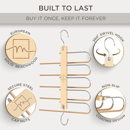 Pants Hangers Space Saving - 2 Pack European Beechwood Scarf and Jean Hangers - Closet Organizer and Space Saver Pant Rack, Leggings Hanger, and Scarf Holder with 360° Swivel Hook
