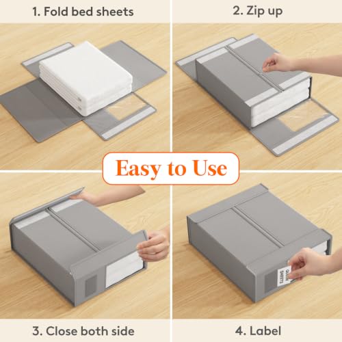 Lifewit 4 Pack Bed Sheet Organizer, Foldable Bedding Sheet Organizers and Storage with Large Clear Window and Label, Sheets Organizer for Linen Closet, Storage Box Bins with Lids for Duvet Cover Set