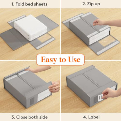 Lifewit 4 Pack Bed Sheet Organizer, Foldable Bedding Sheet Organizers and Storage with Large Clear Window and Label, Sheets Organizer for Linen Closet, Storage Box Bins with Lids for Duvet Cover Set