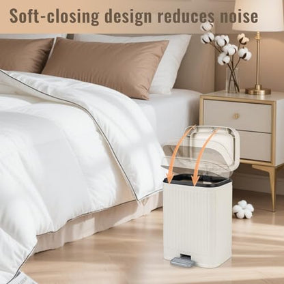 Small Bathroom Trash Can with Lid, 2.1 Gallon Soft Close Step Can, Cream | Slim Garbage Can with Pedal for Office, Bedroom & Kitchen, Narrow Plastic Waste Bin Container for Small Spaces