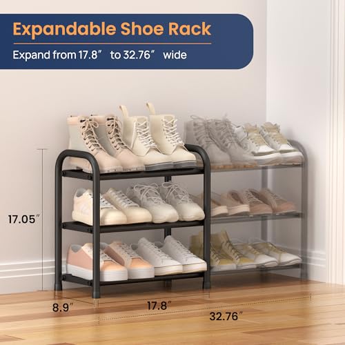 ENJOYBASICS 3 Tier Expandable Shoe Rack, Metal Small Shoes Shelf, Black | Free Standing Shoe Holder for 12 Pairs, Sturdy Shoe Organizer for Closet, Entryway, Under Bed ,Front Door, Bedroom