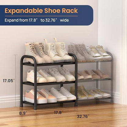 ENJOYBASICS 3 Tier Expandable Shoe Rack, Metal Small Shoes Shelf, Black | Free Standing Shoe Holder for 12 Pairs, Sturdy Shoe Organizer for Closet, Entryway, Under Bed ,Front Door, Bedroom